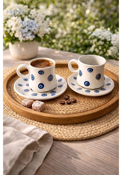 Hediyelik Nazar Boncuklu Desenli El Yapımı Seramik Türk Kahve Fincanı Espresso 2li Set Hediyelik Çok Renkli