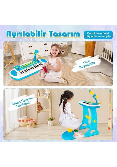Çocuk Piyano Org Seti Mikrofonlu Tabureli - 31 Tuşlu Işıklı Sesli Eğitici Müzik Aleti Oyuncağı