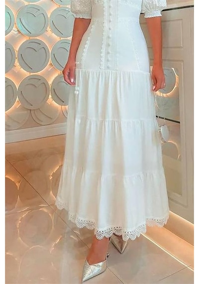Dipmoda Kadın Keten Kollar Vual Ve Dantel Detaylı Elbise Dpnbemp2677 Beyaz