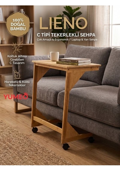 Lieno Doğal Bambu Tekerlekli C Sehpa - Demonte Koltuk Yanı Laptop Ve Servis Sehpası Diğer