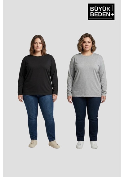 Superlife Kadın Büyük Beden 2'li Set İnce Penye Bisiklet Yaka Tişört Spr26bts942+2 Siyah