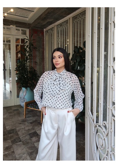 Kechi Woman Şifon Kumaş Puantiyeli Astarlı Bluz Beyaz