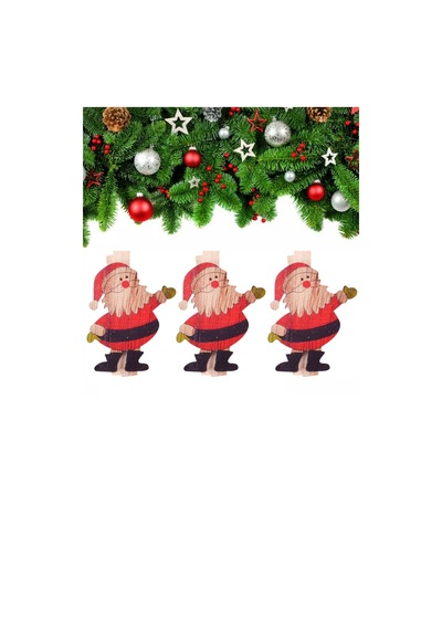 Yılbaşı Ahşap Desenli Noel Baba Dekoratif Mandal 6'lı