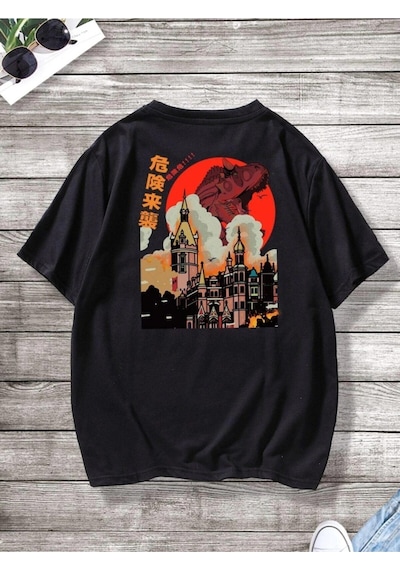 Erkek Siyah Oversize Japanese Dinazor Baskılı T-shirt Siyah