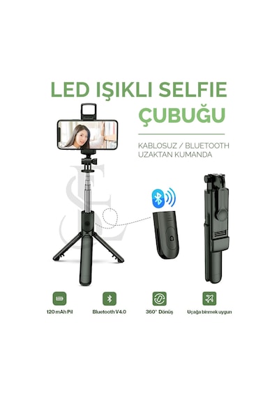 Led Işıklı Selfie Çubuğu Bluetooth Kumandalı Kablosuz Tripot Selfie Monopod Selfie Stick Siyah Lisinya