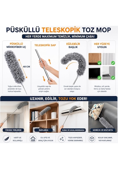 Mikrofiber Püsküllü Manyetik Anti-statik Toz Alma Mopu 210 Cm Teleskopik Uzayabilen Saplı Bükülebilir Başlıklı 40 Cm Püs