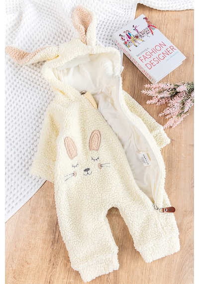 Babymod Tavşan Figürlü Kapüşonlu Welsoft Peluş Kışlık Kız Bebek Tulum Krem