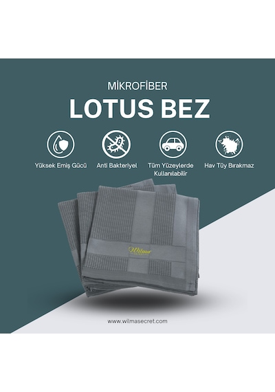 Lotus Mikrofiber Bez 60 40 3 Lü Set Antrasit - Mutfak, Banyo, Cam, Araç Temizlik Bezi 3 Adet Şeffaf