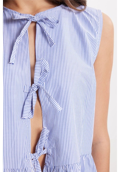 Tudors Kadın Slim Fit Dar Kesim Önden Bağlamalı Pamuklu Çizgili Mavi Bluz-50950