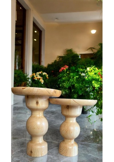 Wood Wooden Ahşap 2'li Set Mantar Yan Sehpa Modern Fiskos / Naturel Renk / Zigon Sehpa Naturel