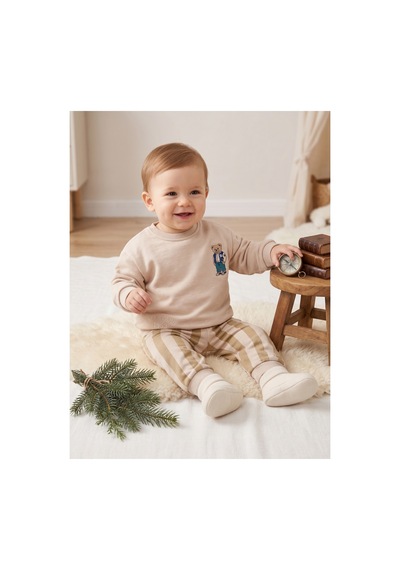 Çıtırkids Erkek Bebek Ayıcık Nakışlı Çizgili İki İplik Pamuklu Sweatshirt Alt Üst Takım Krem