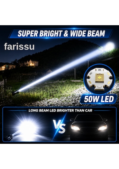 Fy-t288 50w 5000 Lümen Ultra Parlak Şarjlı El Feneri 1.5 Km Menzilli, Powerbank Özellikli