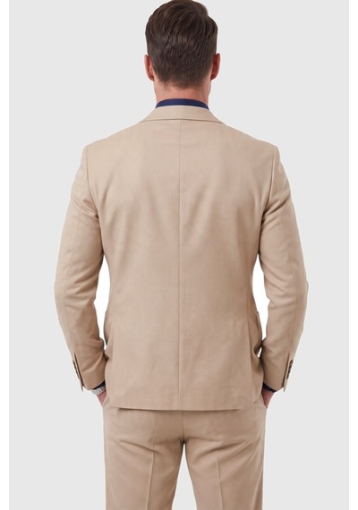 Deepsea Bej Premium Çizgi Dokulu Slim Fit Likralı 2 Li Erkek Takım Elbise 2600821