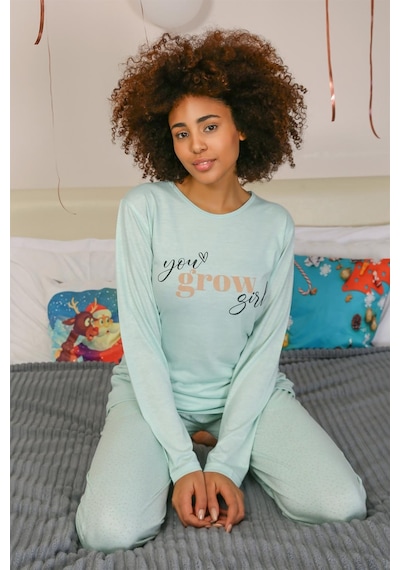 Akbeniz Kadın Penye Uzun Kol Pijama Takım 4188 - L Su Yeşili