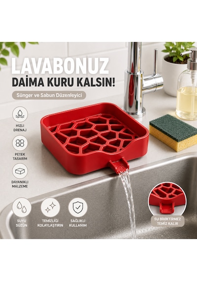 Lavabo Üstü Sünger Ve Sabun Düzenleyici Drenajlı Mutfak Lavabo Organizeri Petek Tasarımlı Kırmızı