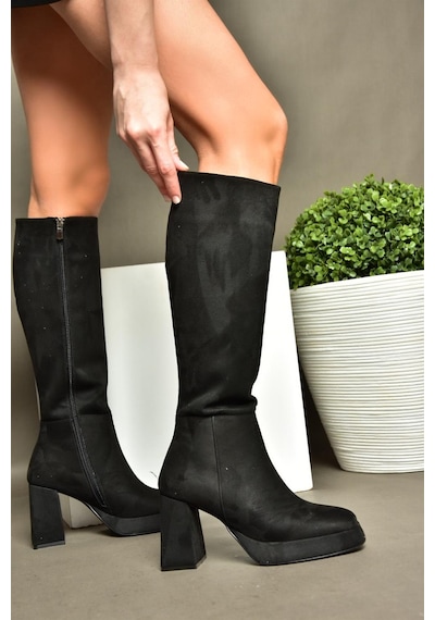 Fox Shoes R282230102 Siyah Süet Platform Kalın Topuklu Kadın Çizme Siyah