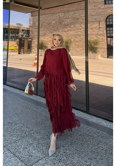 Riella Butik Mirel Volanlı Tesettür Takım Kırmızı