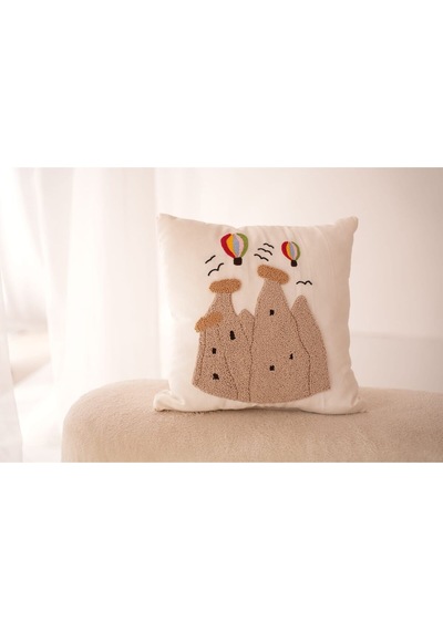 El Yapımı Keten Duck Kumaş Punch Kırlent Kılıfı 43x43 Ürgüp Motifli Beyaz