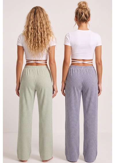 Siyah İnci 2'li Fiyonk Desenli Yumuşak Tuşe Kışlık Örme Tek Alt Pijama Altı 8074 Yeşil Koyu Lacivert Ekose