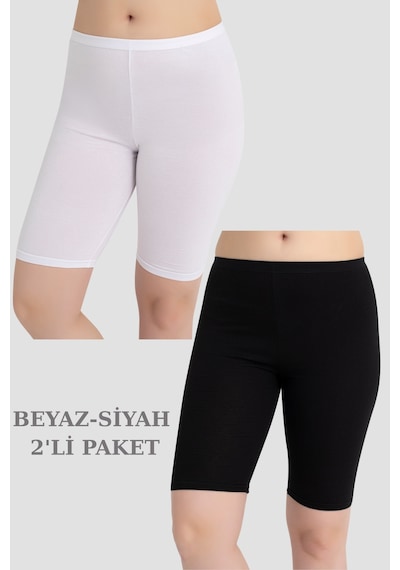 Kadın Pamuklu Diz Üstü Kısa Tayt 2'li Paket Beyaz - Siyah Beyaz - Siyah
