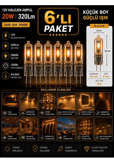 6 Adet Osaka 12volt 20w Sarı Işık G4 Duylu Dim Edilebilir Halojen Kapsül Ampul