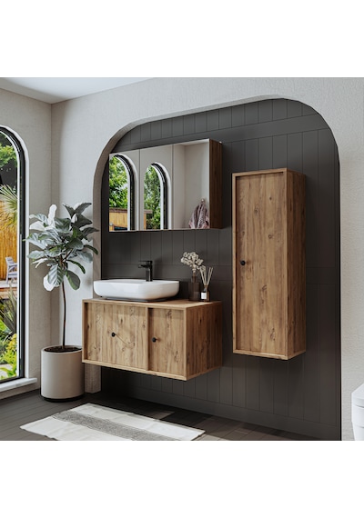Oval Lavabolu Mdf 90 Cm Çekmeceli Banyo Dolap + Aynalı Dlp Atl Atlantik Çam