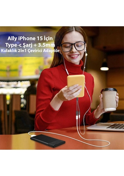 Ally Apple Uyumlu iPhone 15 Type-c Şarj + 3.5mm Kulaklık 2in1 Çevirici A