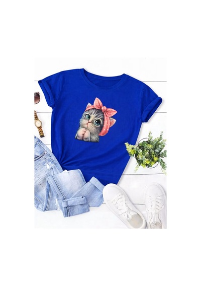 Unisex Sweet Cat Baskılı Oversize T-shirt Mavi