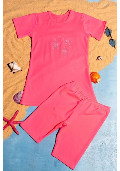 Beniizle Yıldız Taş Detaylı Kız Çocuk Üçlü Set Mayo Neon Pembe