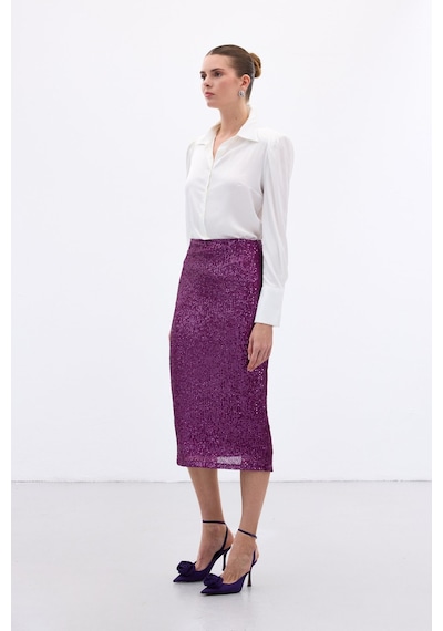 Sateen Payet Detaylı Kalem Etek - Mürdüm-136656 Mürdüm