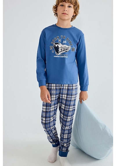 Defacto Regular Fit Baskılı Ve Ekoseli 2li Erkek Çocuk Pijama Takımı H6686a826aube341 Mavi-be341