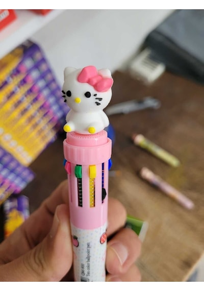 Hediyelik Pembe Hello Kity Kalem, 10 Renk Tükenmez Kalem, Tatlı Tatlış İlkokul Ortaokul Çocuk Hediye Pembe