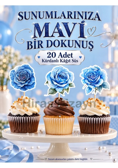 Hiras Dizayn Mavi Gül Kürdanlı Süs Seti 20 Adet Cupcake Pasta Sunum