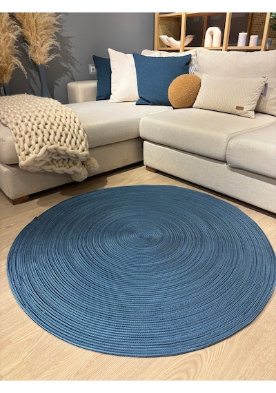 Mavaux Jüt Yuvarlak Hasır Görünümlü Klasik Halı Kilim Mavi