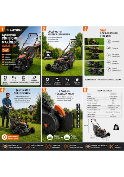 Lutian LM53S-180 53 CM 5in1 Şanzımanlı Benzinli Çim Biçme Makinesi