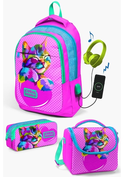 Coral High Kids Pembe Mavi Simli Kedi Desenli Usb'li 3 Lü Okul Çanta Seti Set0124301 Çok Renkli