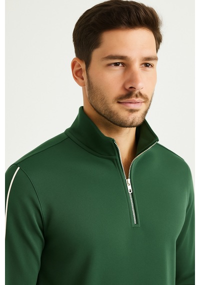 We&me Regular Fit Yarım Fermuarlı Dik Yaka Basic Sweatshirt Yeşil