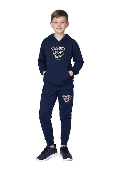 Panios Kids Kanguru Cepli Kapüşonlu Never Give Up Baskılı Erkek Çocuk Eşofman Takımı Lacivert