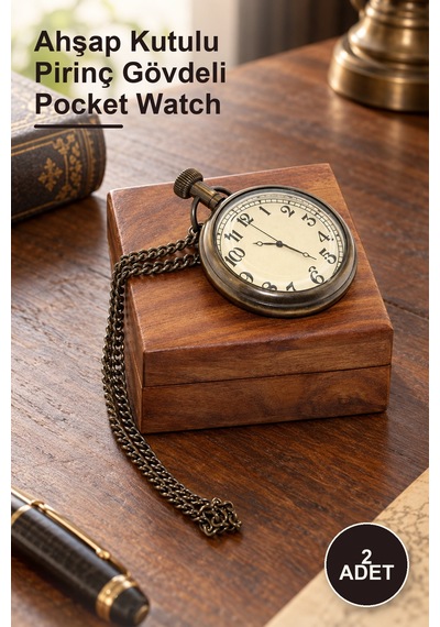 2 Adet Köstekli Cep Saati Ahşap Kutulu Pirinç Gövdeli Pocket Watch
