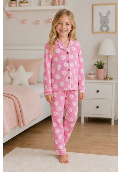 Beniizle Kız Çocuk Pijama Takımı Papatya Desenli Pembe Uzun Kollu Düğmeli 2 Li Pijama Takımı Beniizle Kız Çocuk Pijama Takımı Papatya Desenli Pembe Uzun Kollu Düğmeli 2 Li Pijama Takımı