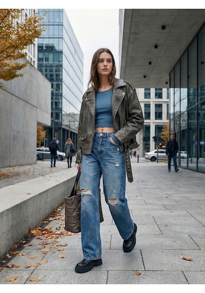 LTB Uzun Kollu Kayık Yaka Crop Mavi Sweatshırt Mid Indigo
