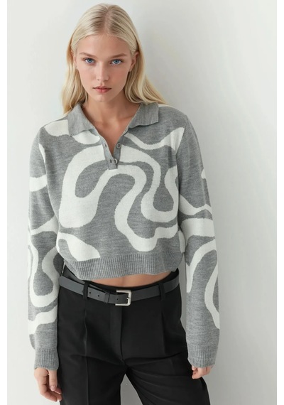 Hiccup Polo Yaka Jakarlı Triko Kazak Gri