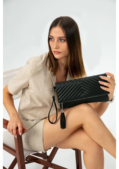 Mussen Uzun Askılı Kadın Clutch Portföy Çantası Siyah Siyah
