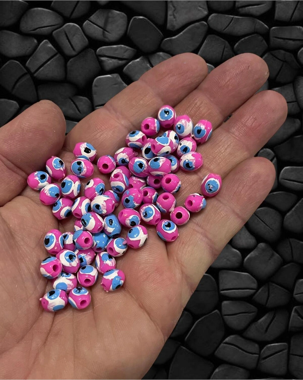8mm Pembe Akrilik Danagöz Nazar Boncuk - Takı Boncuğu - Saç Boncuğu - 50 Adet / Ince Delikli