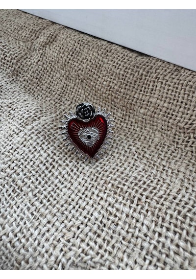 Gotik Kalp Figürlü Kırmızı Taşlı Rose Yüzük Zamak Kaplama Ayarlanabilir Kadın Takı Gümüş - Gri