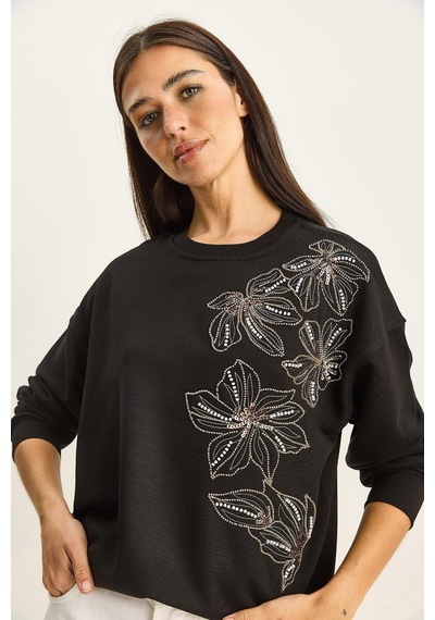 Shade Kadın Bisiklet Yaka Çiçek Boncuk İşlemeli Relaxed Sweatshirt 1572 60283809 - Siyah