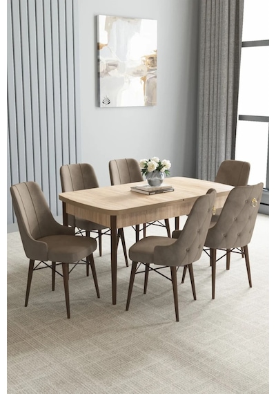 Zümra Serisi, Meşe Desen 80x132 Açılabilir Mdf Mutfak Masası Takımı 6 Adet Sandalye, Cappucino Zümra Serisi, Meşe Desen 80x132 Açılabilir Mdf Mutfak Masası Takımı 6 Adet Sandalye, Cappucino