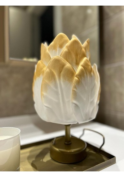 Dekor Yapay Eva Yaprak Desen Kablosuz Masa Lambası Üst Gold-alt Eskitme Gold 9v Pil 75-90 Saat