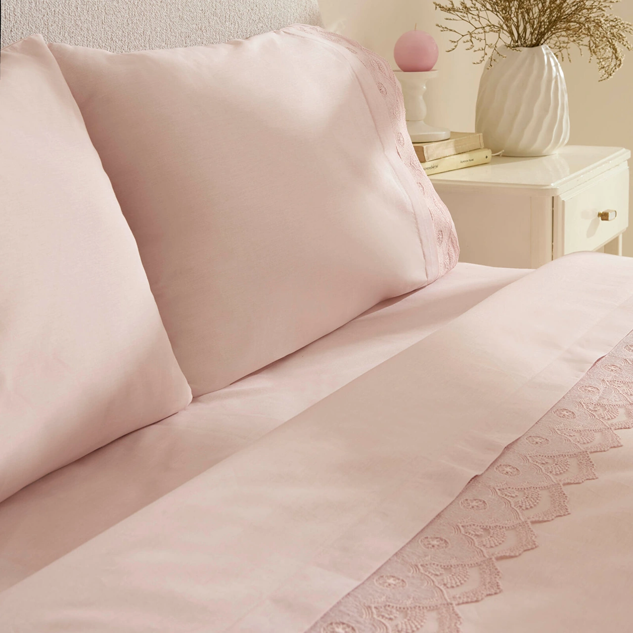 Karaca Home Teora %100 Pamuk Dantelli Çift Kişilik Nevresım Takımı Pudra Pudra