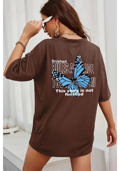 Uyguntarz Unisex Kelebek Baskılı T-shirt Kahverengi